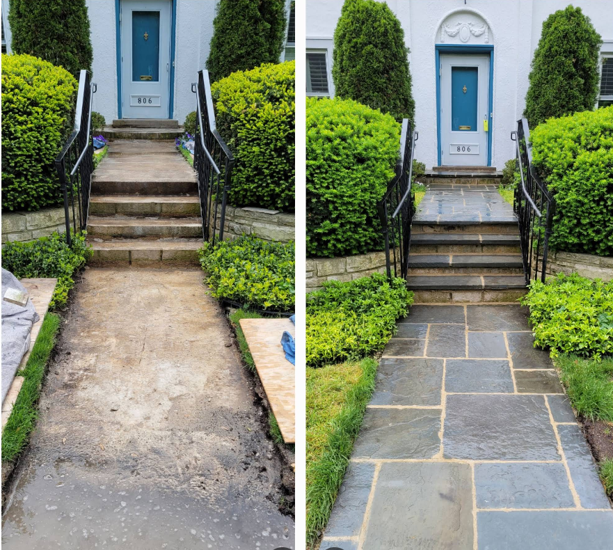 Before and after of a flagstone walkway rebuilt with level, tight-jointed stone
