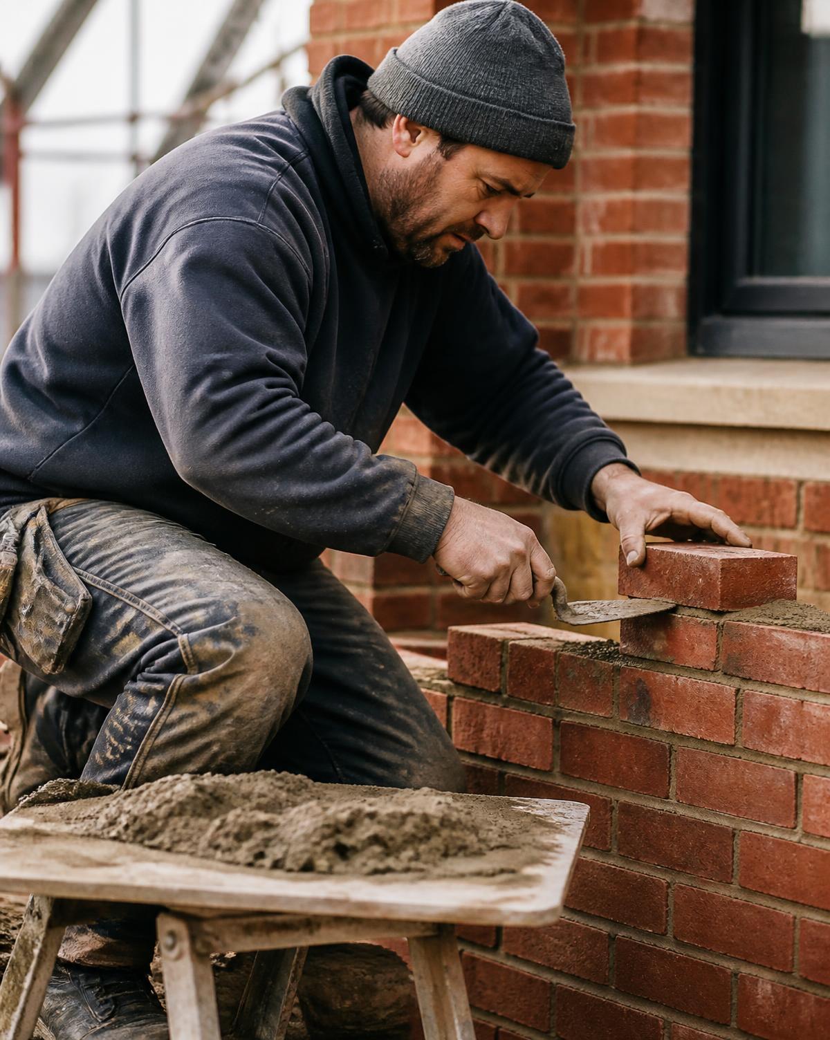 Mason laying brick on a residential wall with mortar and trowel in hand