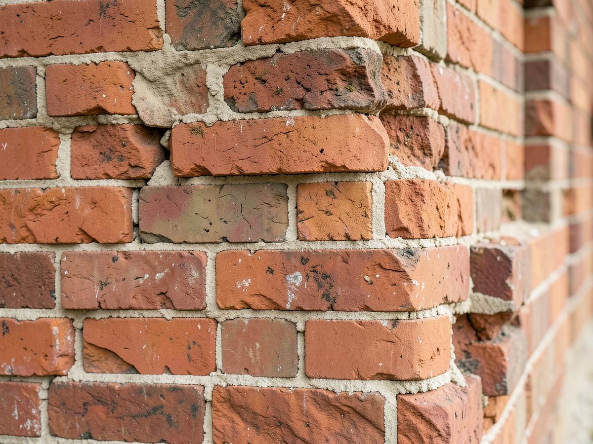 Weathered red brick wall with a section rebuilt and repointed