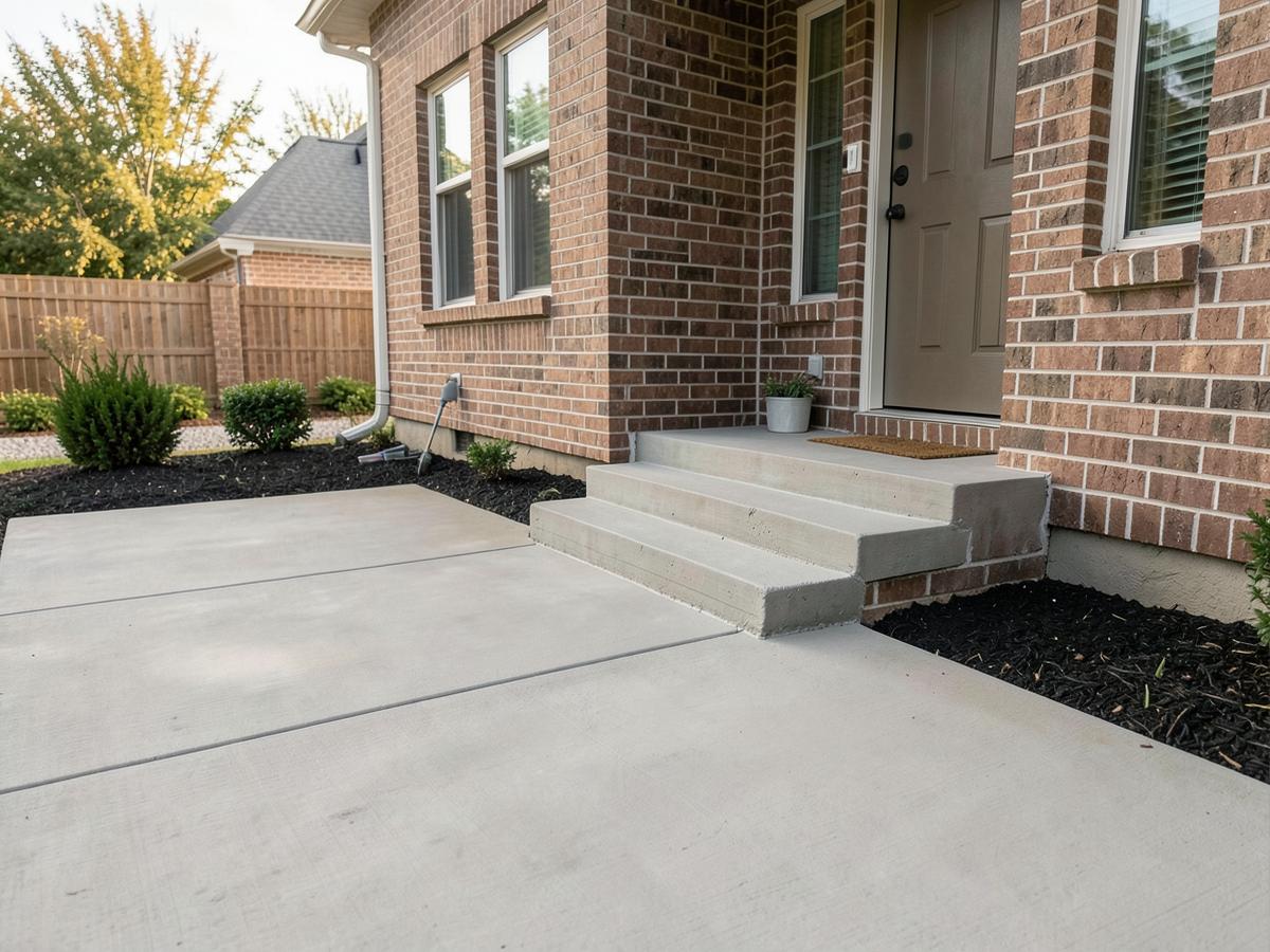 Freshly finished concrete driveway and front steps beside a brick home