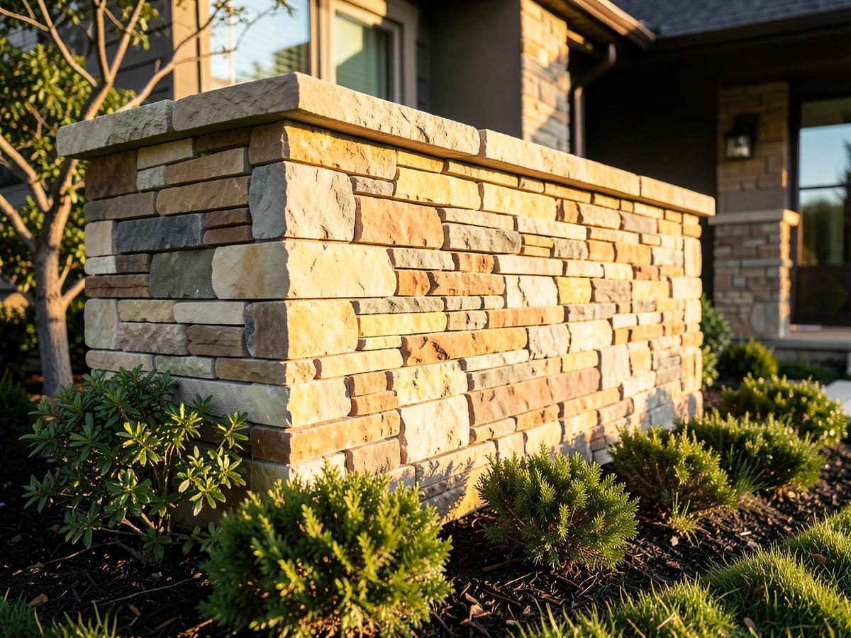 Natural stone veneer wall with limestone cap on a home exterior