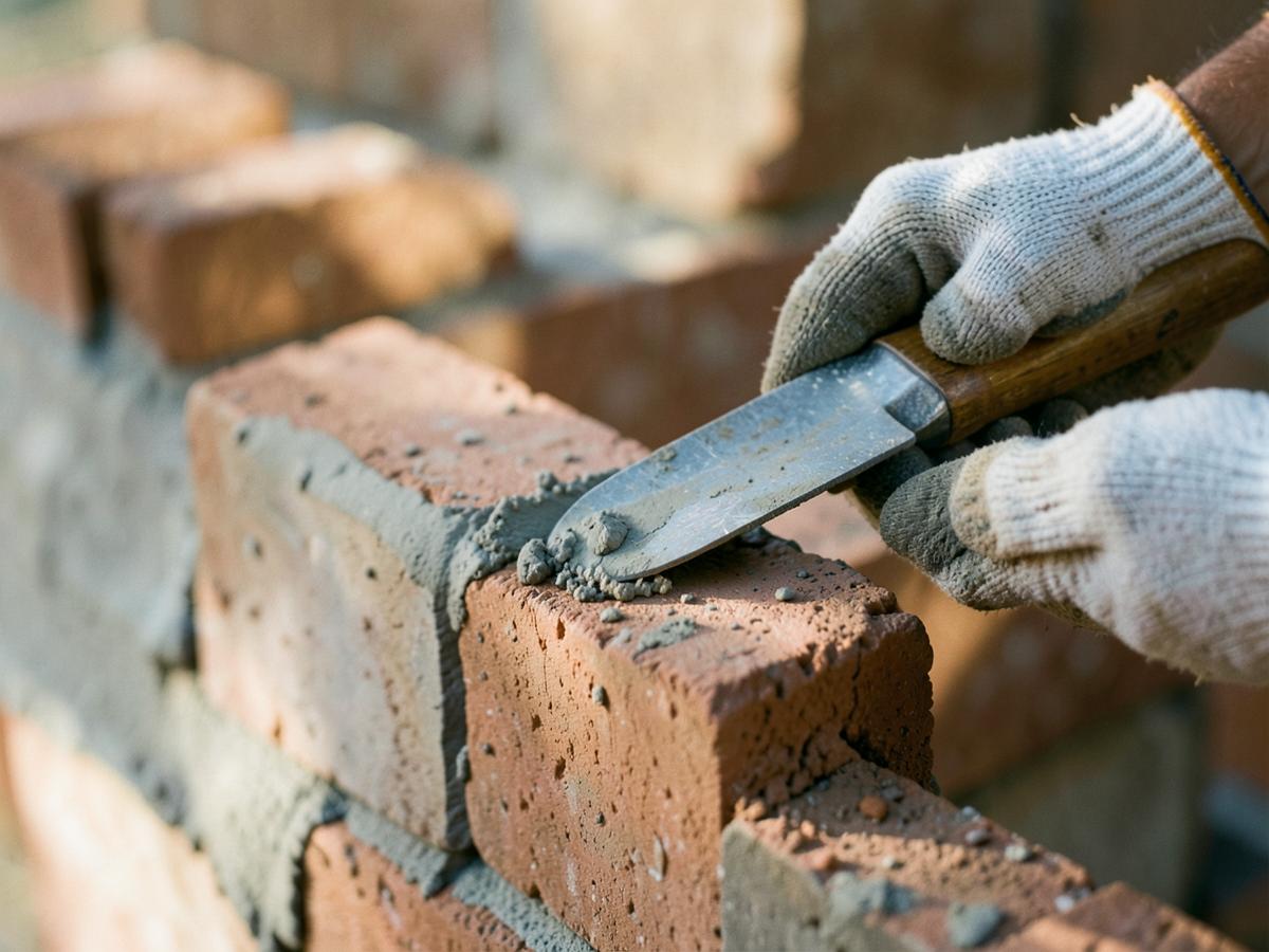 Mason repointing brick joints with fresh mortar and a trowel